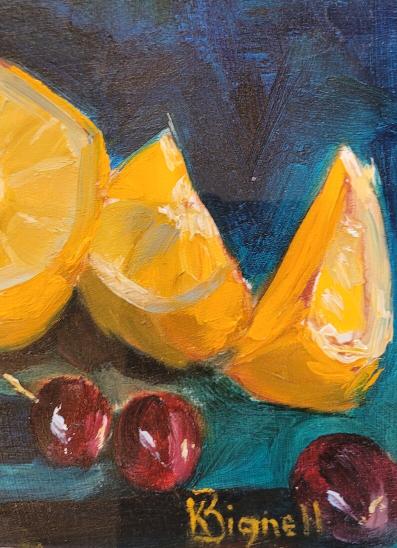 May include: A still life painting of lemon slices and red cherries on a blue background. The artist's signature, "Bignell", is visible in the bottom right corner.