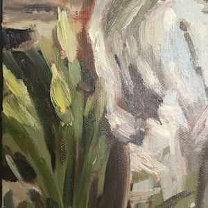 May include: A close-up of a painting depicting a cluster of yellow flowers with green stems and leaves, set against a background of white and gray brushstrokes.
