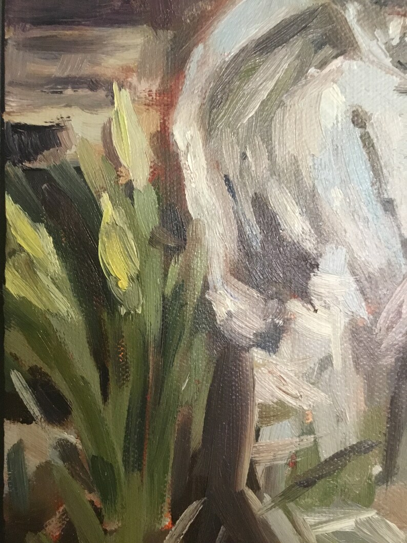May include: A close-up of a painting depicting a cluster of yellow flowers with green stems and leaves, set against a background of white and gray brushstrokes.