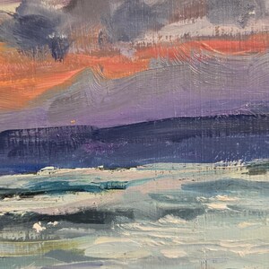 May include: Oil painting of a seascape with a vibrant sunset. The sky transitions from orange to purple, with dark clouds above a dark blue horizon line. The water is a mix of blues and whites, with visible brushstrokes.