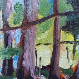 May include: An oil painting of a forest scene, featuring tall, brown tree trunks and green foliage. The artwork uses thick brushstrokes to create texture and depth, with light filtering through the trees, creating a vibrant and colourful landscape.