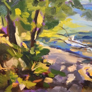 May include: A painting of a landscape with a view of a body of water from behind a grove of trees. The trees are painted in shades of green, yellow, and brown. The water is painted in shades of blue and white. The foreground is painted in shades of brown, purple, and white.