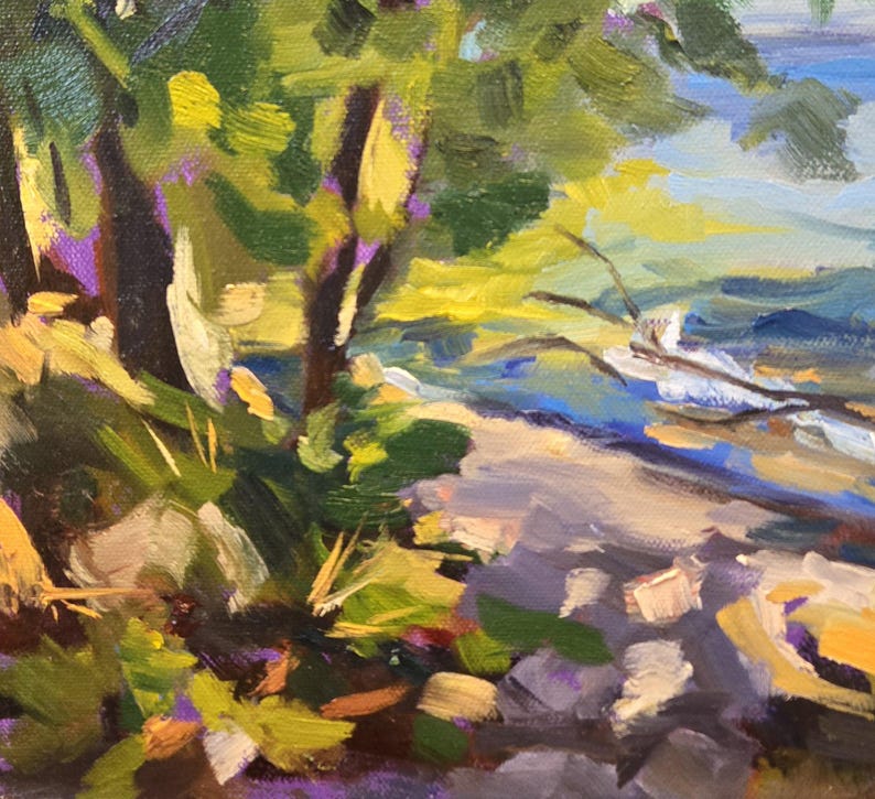 May include: A painting of a landscape with a view of a body of water from behind a grove of trees. The trees are painted in shades of green, yellow, and brown. The water is painted in shades of blue and white. The foreground is painted in shades of brown, purple, and white.