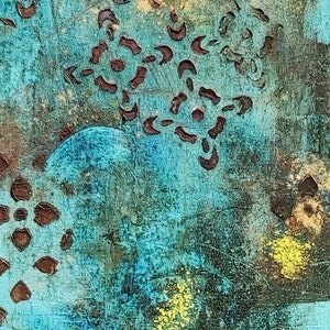May include: Abstract painting with a blue background and brown and yellow accents. The painting features a pattern of brown shapes that resemble flowers or stars.