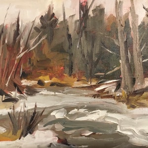 May include: A painting of a winter scene with a frozen river in the foreground and trees in the background. The river is covered in snow and ice, and the trees are bare and brown. The sky is a light gray color.