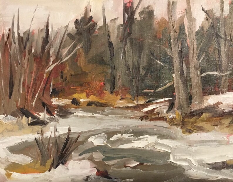 May include: A painting of a winter scene with a frozen river in the foreground and trees in the background. The river is covered in snow and ice, and the trees are bare and brown. The sky is a light gray color.