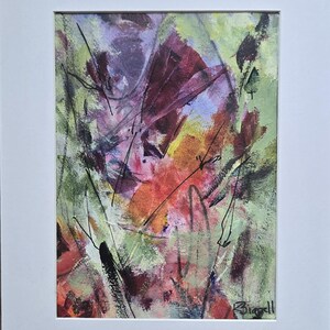 May include: An abstract painting featuring layered brushstrokes in shades of sage green, deep burgundy, violet, and warm orange. Thin, dark, gestural ink lines traverse the composition, and the artist's signature, Bignell, is visible in the bottom right corner.