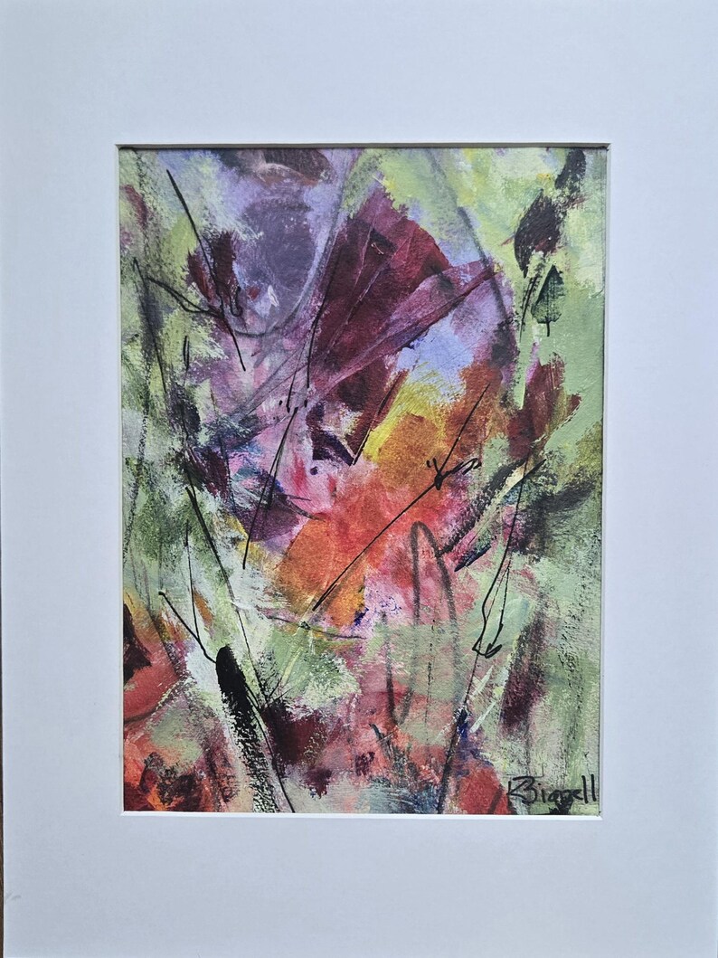 May include: An abstract painting featuring layered brushstrokes in shades of sage green, deep burgundy, violet, and warm orange. Thin, dark, gestural ink lines traverse the composition, and the artist's signature, Bignell, is visible in the bottom right corner.