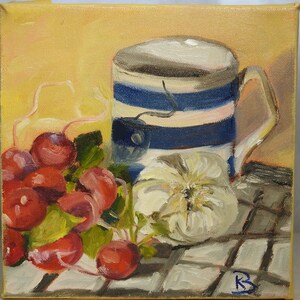 May include: A still life painting of a blue and white striped mug, a white garlic bulb, and a bunch of red radishes on a checkered surface.