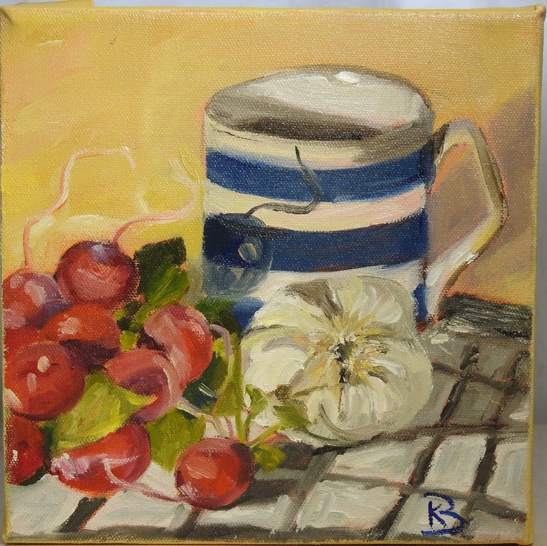 May include: A still life painting of a blue and white striped mug, a white garlic bulb, and a bunch of red radishes on a checkered surface.
