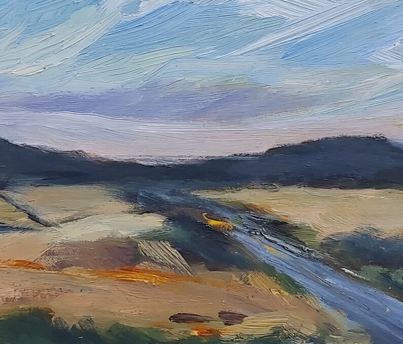 May include: A painting of a landscape with a blue river winding through a field of yellow grass. The sky is a light blue with white clouds. The painting is done in a loose, impressionistic style.