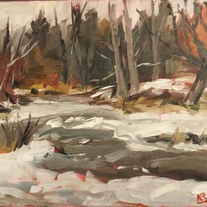May include: A painting of a snowy winter scene with a stream running through a forest. The trees are bare and the ground is covered in white snow. The stream is partially frozen over and the water is a dark gray color. The artist's signature, "K. Bignell", is visible in the lower right corner of the painting.