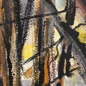May include: Abstract painting with vertical brushstrokes in black, brown, yellow, and gray.