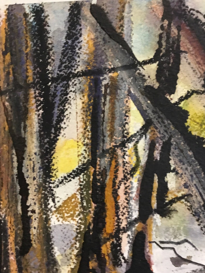 May include: Abstract painting with vertical brushstrokes in black, brown, yellow, and gray.