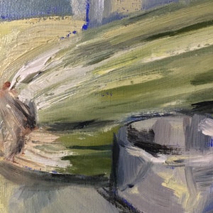 May include: An abstract oil painting with a close-up view of a still life. The artwork features a composition of green and yellow vegetables, a gray container, and a white object. The brushstrokes are visible, creating a textured effect.