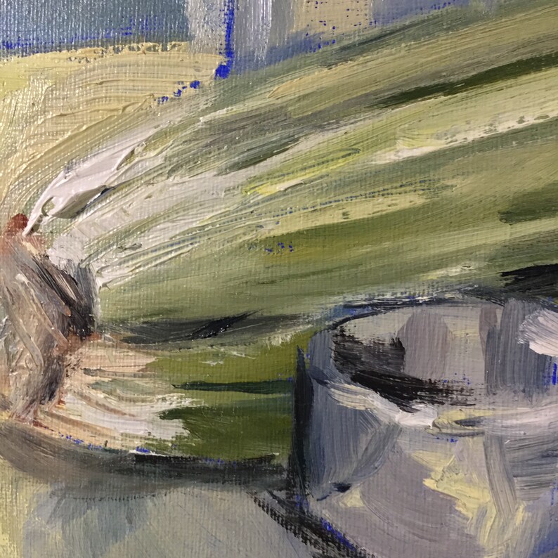 May include: An abstract oil painting with a close-up view of a still life. The artwork features a composition of green and yellow vegetables, a gray container, and a white object. The brushstrokes are visible, creating a textured effect.
