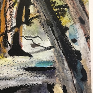 May include: Abstract painting with black, white, gray, blue, and yellow paint. The painting has a textured surface and a layered look.