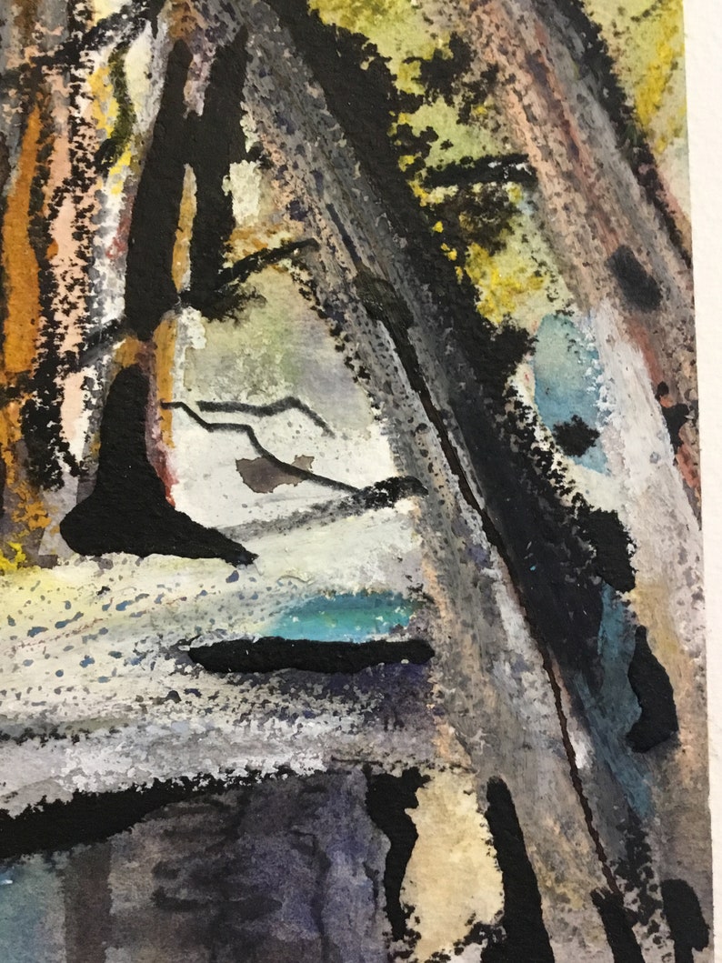May include: Abstract painting with black, white, gray, blue, and yellow paint. The painting has a textured surface and a layered look.