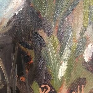 May include: A close-up of a painting with a signature in the bottom right corner that reads "Bignell". The painting features a dark background with green and white brushstrokes.