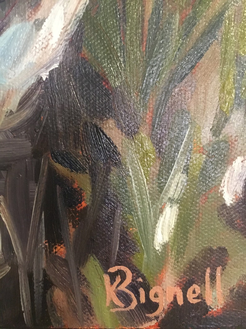 May include: A close-up of a painting with a signature in the bottom right corner that reads "Bignell". The painting features a dark background with green and white brushstrokes.