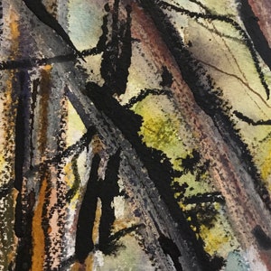 May include: Abstract watercolor painting with black, brown, and gray lines and shapes on a white background. The lines are thick and textured, creating a sense of depth and movement.