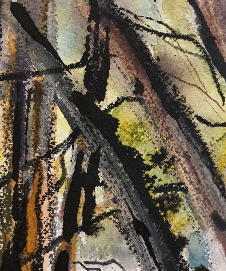May include: Abstract watercolor painting with black, brown, and gray lines and shapes on a white background. The lines are thick and textured, creating a sense of depth and movement.