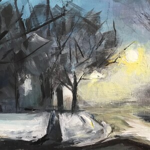 May include: An original oil painting depicting a winter landscape. The artwork features silhouetted trees against a pale blue sky, with a bright yellow light source suggesting a sunset or street lamp. The foreground shows snow.