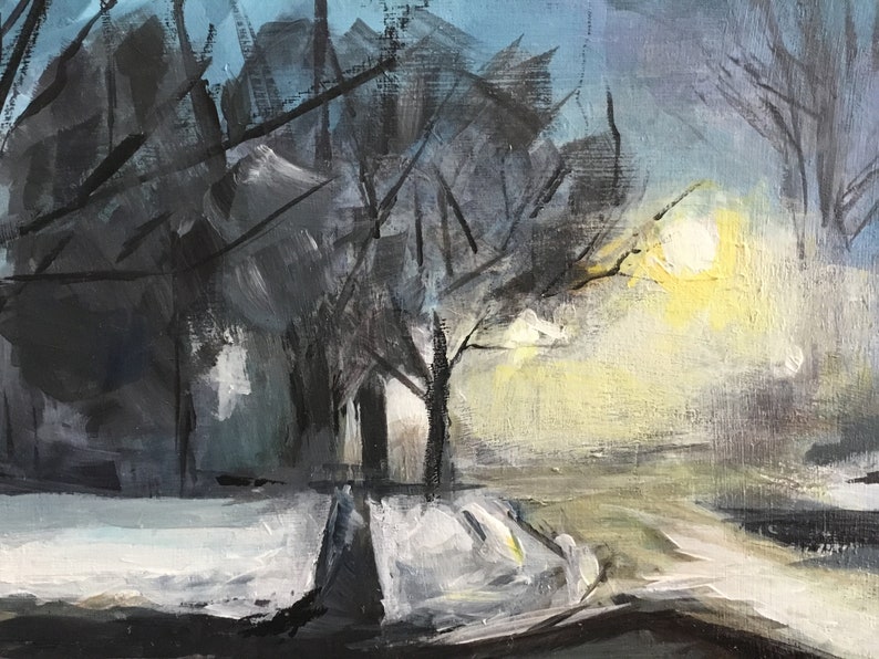 May include: An original oil painting depicting a winter landscape. The artwork features silhouetted trees against a pale blue sky, with a bright yellow light source suggesting a sunset or street lamp. The foreground shows snow.