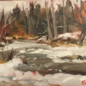 May include: A painting of a snowy winter scene with a stream running through a forest. The trees are bare and the ground is covered in white snow. The stream is partially frozen over and the water is a dark gray color. The artist's signature, "K. Bignell", is visible in the lower right corner of the painting.