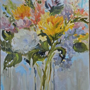 May include: An original oil painting of a vibrant floral arrangement. The artwork features yellow, white, pink, and purple flowers with green leaves against a light blue and gray background. The artist's signature, "Bignell," is visible in the lower right corner.