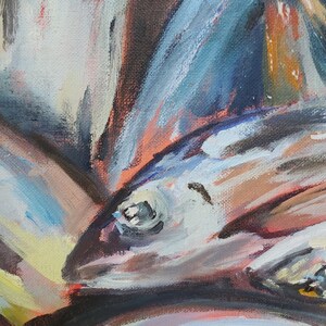 May include: Abstract painting of fish with blue, white, and orange hues. The fish are painted in a layered style, with the scales and fins visible. The background is a dark brown color.