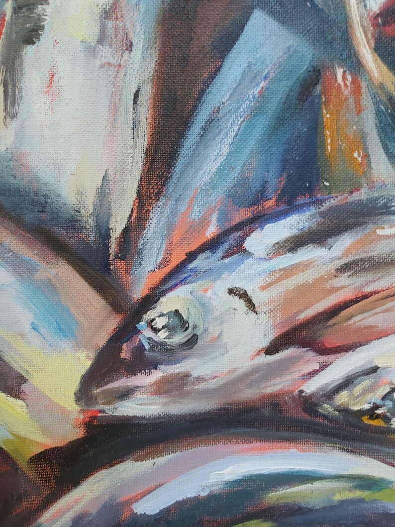 May include: Abstract painting of fish with blue, white, and orange hues. The fish are painted in a layered style, with the scales and fins visible. The background is a dark brown color.