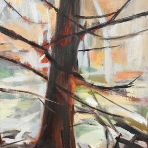 May include: Abstract painting of a tree trunk with branches in a forest setting. The painting is done in shades of brown, white, and orange.