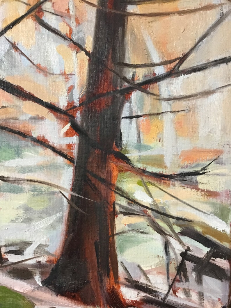 May include: Abstract painting of a tree trunk with branches in a forest setting. The painting is done in shades of brown, white, and orange.