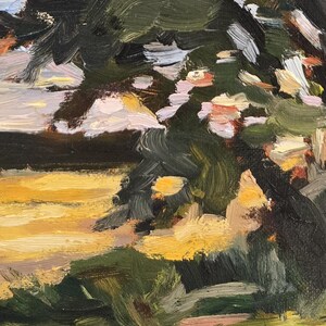 May include: An oil painting with an impressionistic style, depicting a landscape. The artwork uses a palette of green, yellow, and brown, hinting at trees and a field. The painting has a textured surface, with visible brushstrokes adding depth and movement.