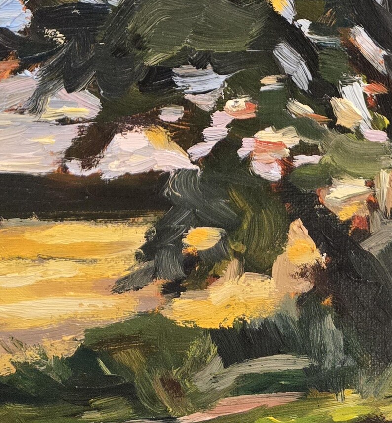 May include: An oil painting with an impressionistic style, depicting a landscape. The artwork uses a palette of green, yellow, and brown, hinting at trees and a field. The painting has a textured surface, with visible brushstrokes adding depth and movement.