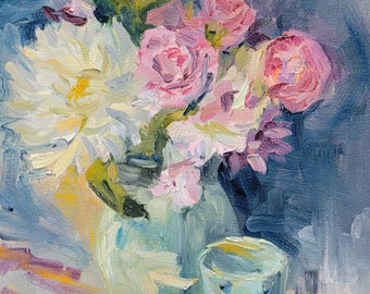Floral painting, painterly, 12x12, flowers in vase, "Summer flowers"
