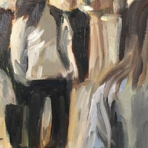 May include: A painting of a group of people in a crowd, with a focus on a person in the center wearing a white hat and a dark jacket. The painting is done in a loose, impressionistic style, with brushstrokes visible throughout. The artist's signature, "Bignell", is visible in the lower right corner.