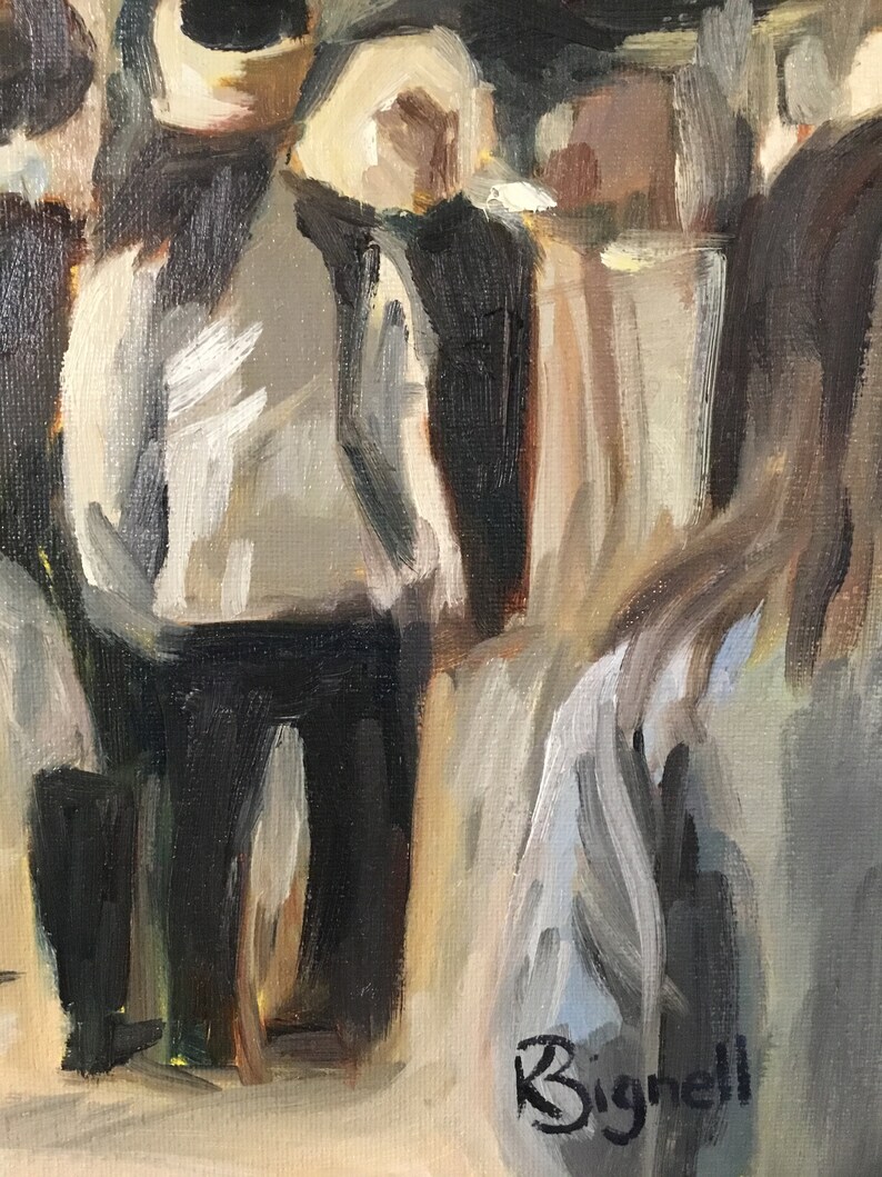 May include: A painting of a group of people in a crowd, with a focus on a person in the center wearing a white hat and a dark jacket. The painting is done in a loose, impressionistic style, with brushstrokes visible throughout. The artist's signature, "Bignell", is visible in the lower right corner.