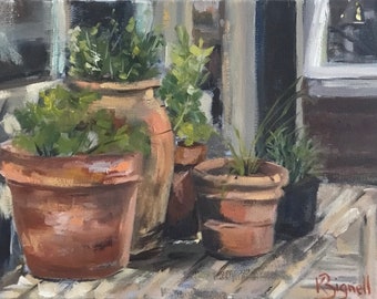 Original Oil Painting, painted « en Plein Air » in the garden, spring herb planters