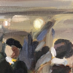 May include: A painting of a group of people in a dimly lit setting. The people are wearing dark clothing and hats. The painting is done in a loose, impressionistic style.