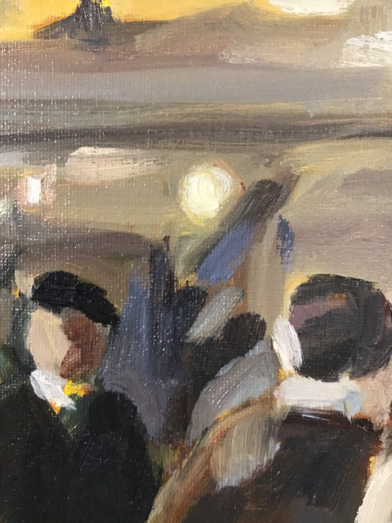 May include: A painting of a group of people in a dimly lit setting. The people are wearing dark clothing and hats. The painting is done in a loose, impressionistic style.
