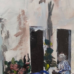 May include: Abstract painting with a dark brown background and a variety of colors, including white, pink, green, and blue. The painting features a variety of shapes and textures, creating a sense of depth and movement.