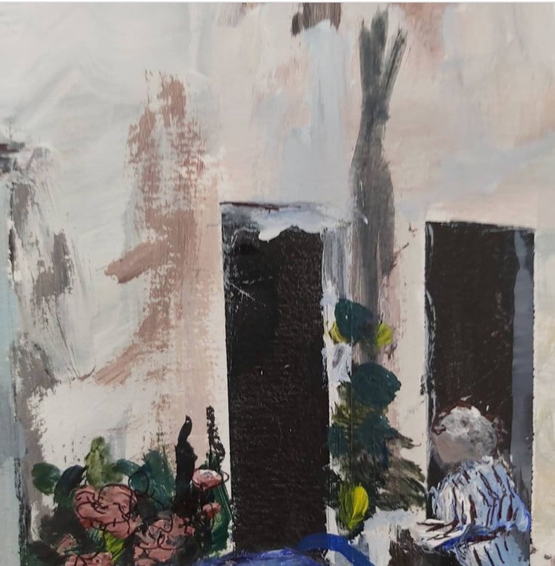 May include: Abstract painting with a dark brown background and a variety of colors, including white, pink, green, and blue. The painting features a variety of shapes and textures, creating a sense of depth and movement.