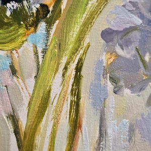 May include: Close-up of an impressionistic oil painting featuring green and yellow brushstrokes of foliage, with soft lavender and white flowers. The artwork has a textured, layered appearance.