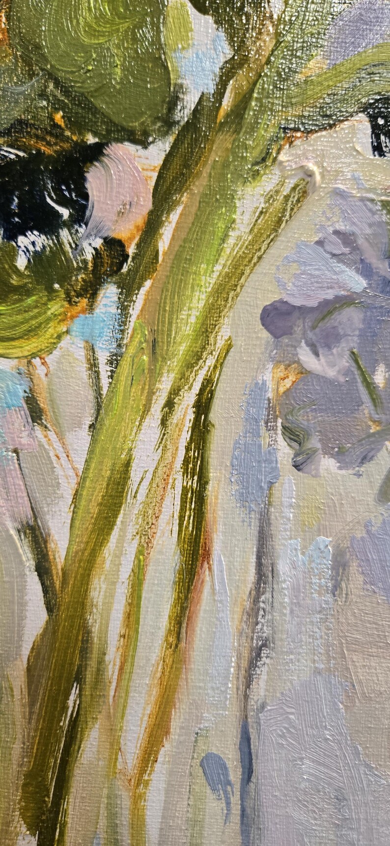 May include: Close-up of an impressionistic oil painting featuring green and yellow brushstrokes of foliage, with soft lavender and white flowers. The artwork has a textured, layered appearance.