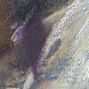 May include: Close-up of an abstract painting with visible brushstrokes. The artwork features a palette of colors including deep purple, black, brown, and white, creating a textured and dynamic composition. The style suggests an expressionistic approach.