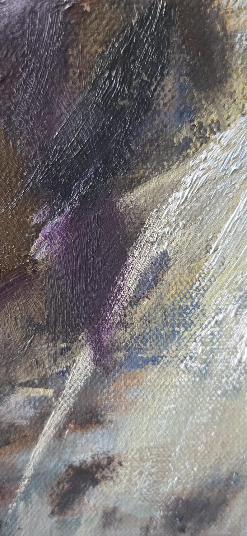 May include: Close-up of an abstract painting with visible brushstrokes. The artwork features a palette of colors including deep purple, black, brown, and white, creating a textured and dynamic composition. The style suggests an expressionistic approach.