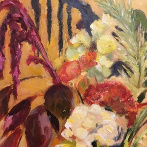 May include: A still life painting of a bouquet of flowers in a blue and white ceramic vase. The flowers are a mix of red, yellow, and white, and the background is a warm yellow.