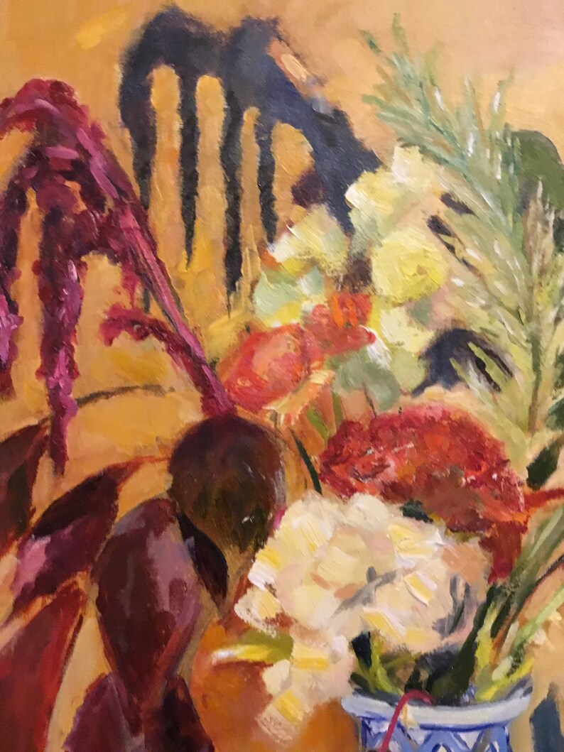 May include: A still life painting of a bouquet of flowers in a blue and white ceramic vase. The flowers are a mix of red, yellow, and white, and the background is a warm yellow.